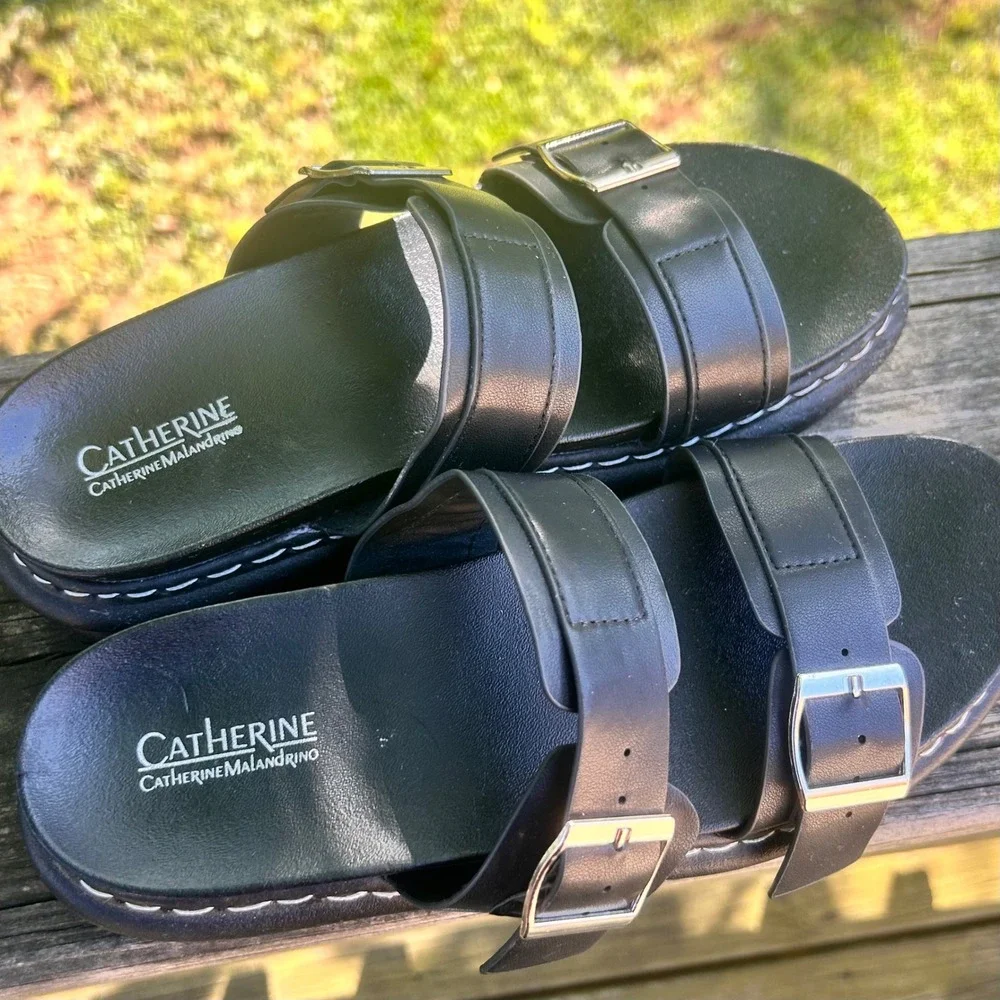 Catherine Malandrino Sandals Platform Slide 7.5 Black Chunky Goth Grunge Edgy‎